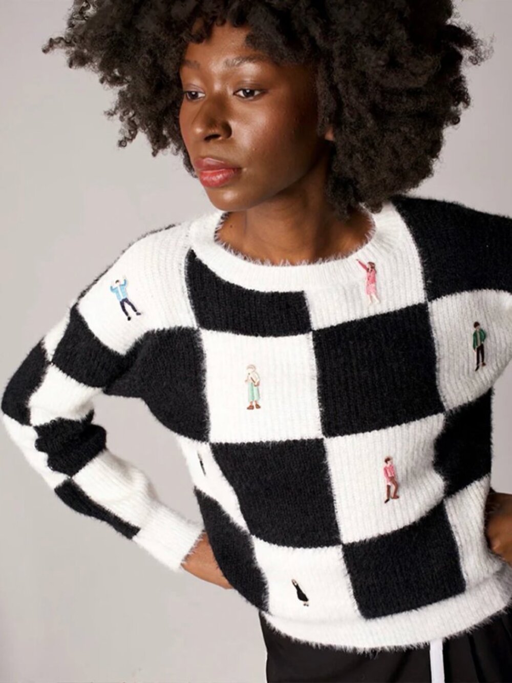 LAB Checkered Knitted Sweater With Embroidery Patches, one size (fits like XS/S) - Picture 7 of 10